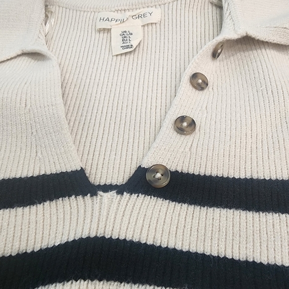 [ HAPPILY GREY] New w/ tags! CUTEST  cream/ navy striped COLLARED v-necK SWEATER - Picture 10 of 16